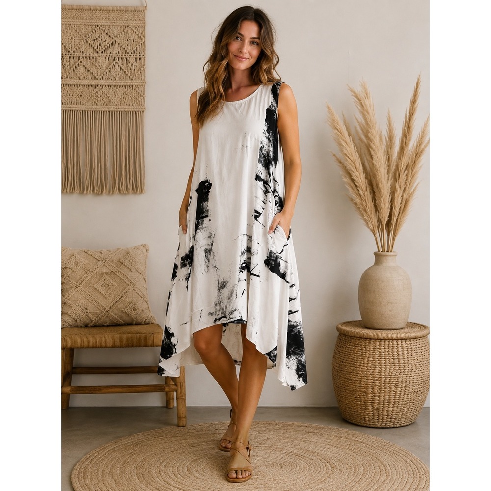 Moyuru Abstract Ink Print Asymmetrical Sleeveless Midi Dress Med  White Black